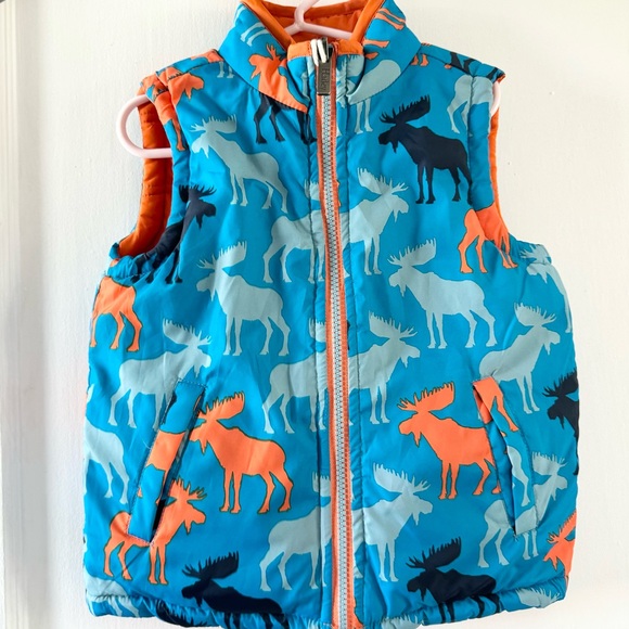 Hatley Blue & Orange Moose Print Reversible Puffer Vest Size 3 NWT - Picture 1 of 5